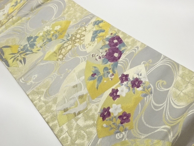 じゅらく製　帝王紫花々・松竹梅・鶴に地紙・流水模様織出し袋帯